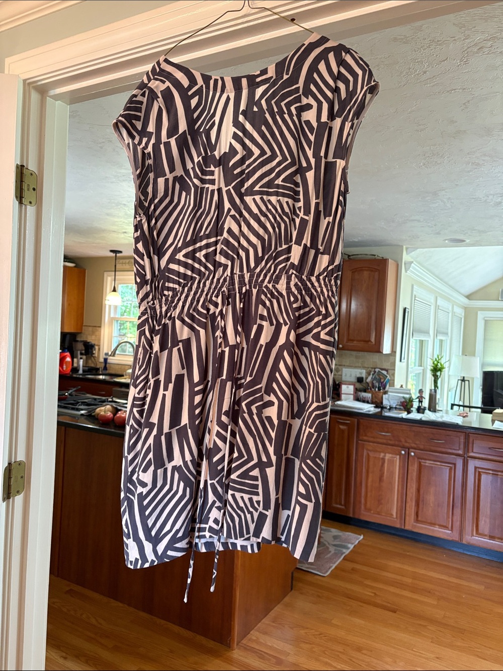 LOFT Black and White Geometric Drawstring Mini Dress